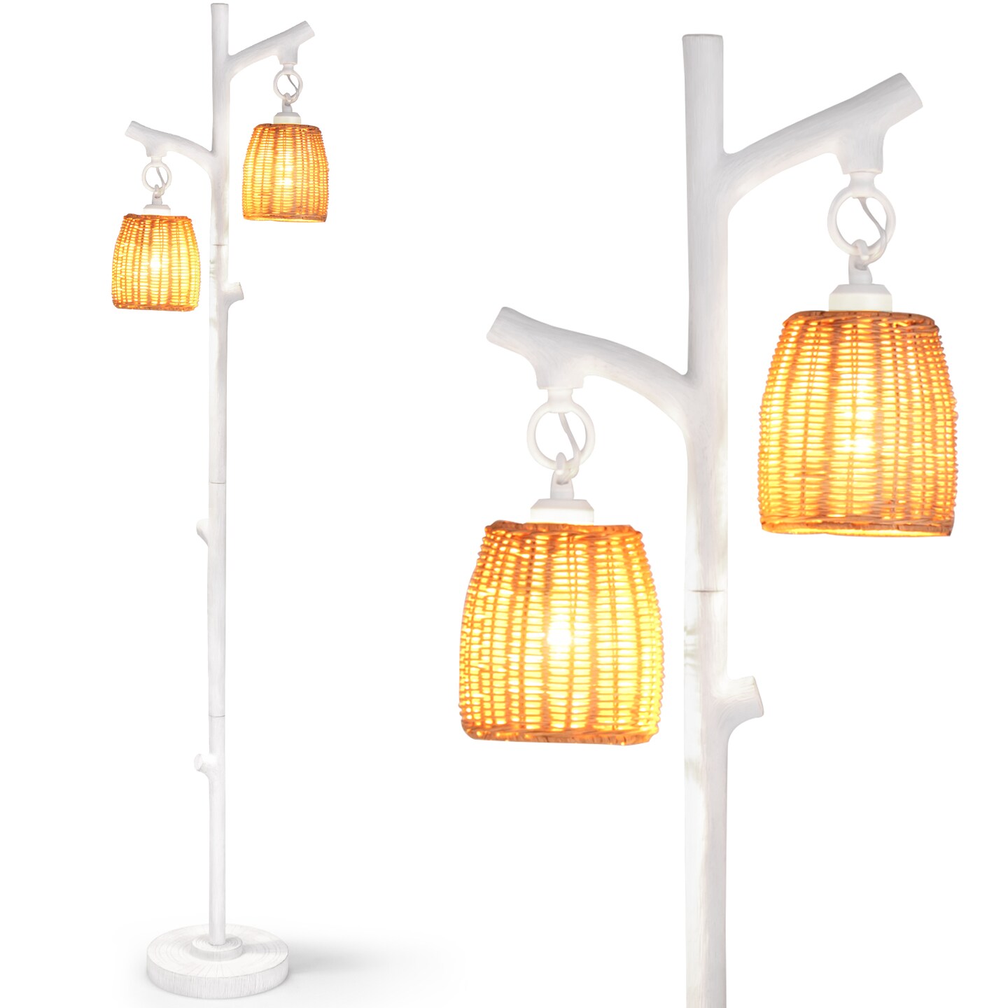 White Standing Floor Lamp with Wicker Shade Resin Trunk Design and Foot Dimmer Metal Frame
