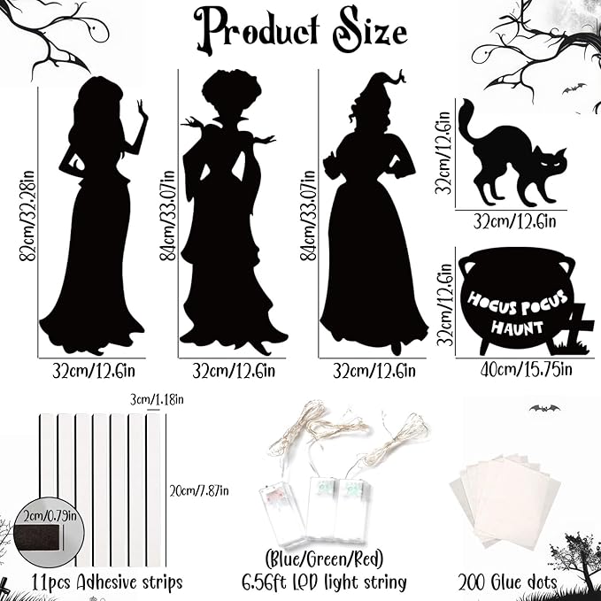 Hocus Pocus Halloween Decorations Outdoor, 5Pcs Halloween Large Black Hocus Pocus Witches Cauldron Cat Silhouette with Led Lights for Outside Halloween Garage Door Wall Yard Lawn Decor