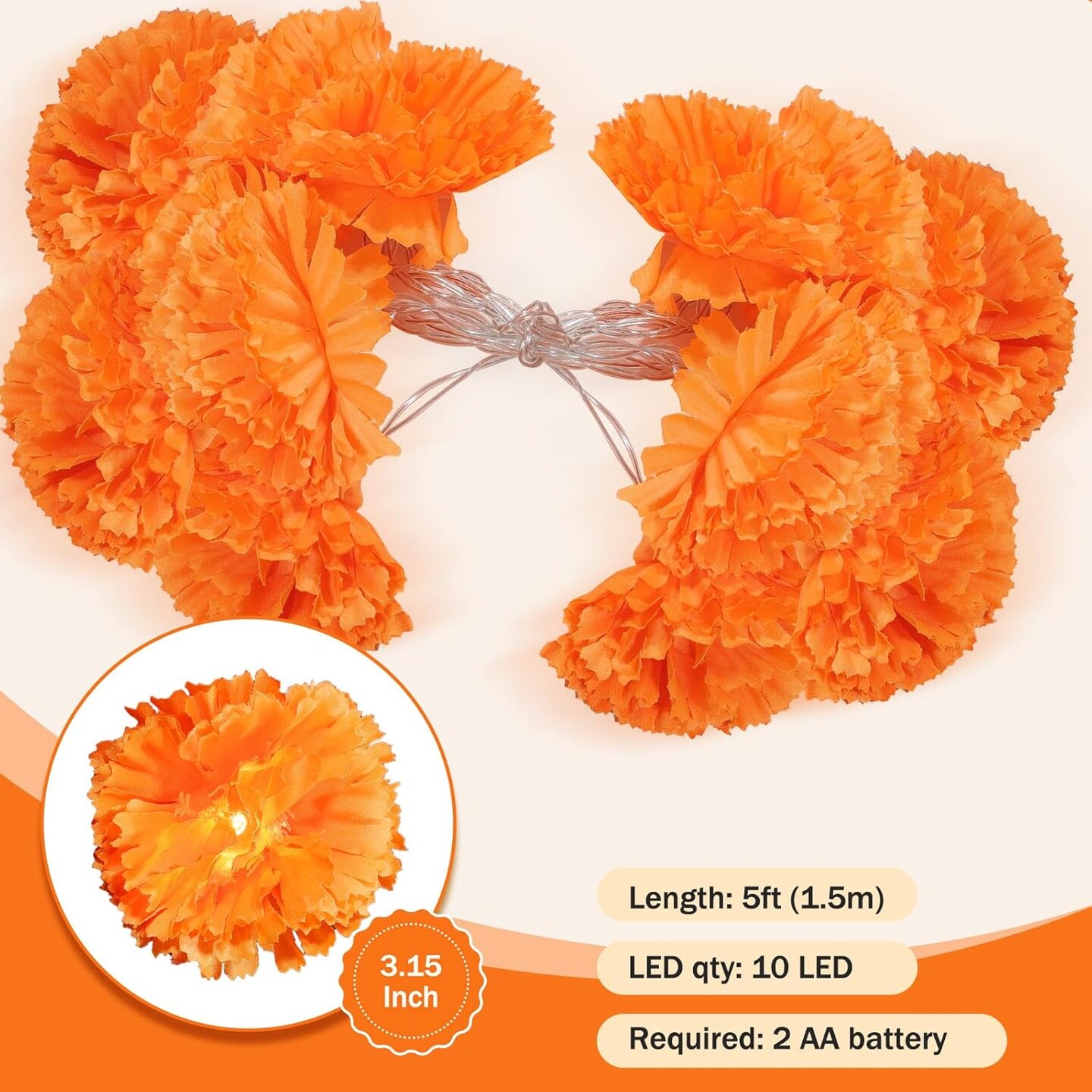 3 Pack Day of The Dead Lighted Marigold Garland 10 LED Artificial Marigold Flowers String Lights Dia de Los Muertos Decorations for Halloween Diwali Indian Party (3, 5 Ft 10 LED)