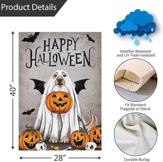 Happy Halloween Garden Flag with Ghost Golden Retriever Dog and Pumpkin 28x40 Inch Large Burlap Yard Holiday Welcome Decor Outdoor Outside House Flag (Only Flag)