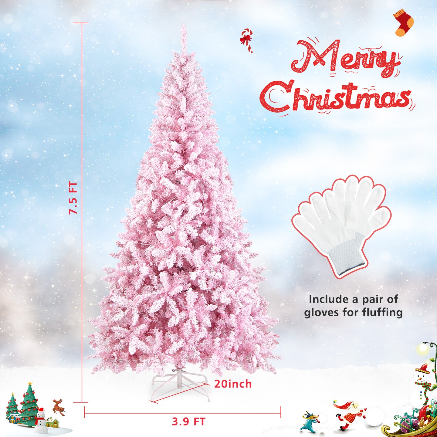 7.5 Feet Pink Flocked Christmas Tree with Folding Metal Stand