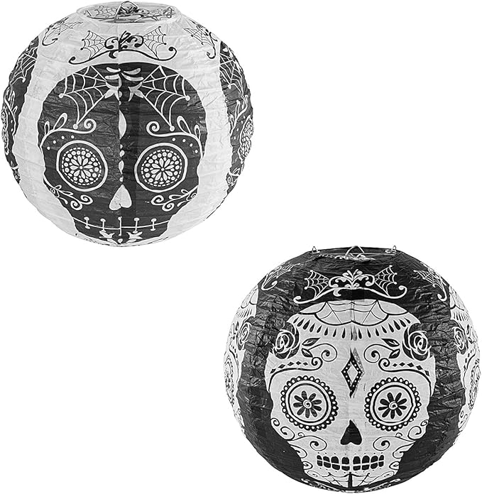 Skull Design Day of The Dead Chinese/Japanese Hanging Black/White Paper Lanterns Metal Frame for Spooky Scary Halloween Party, Home Lamps, Haunted House Event Decoration (Set of 6)