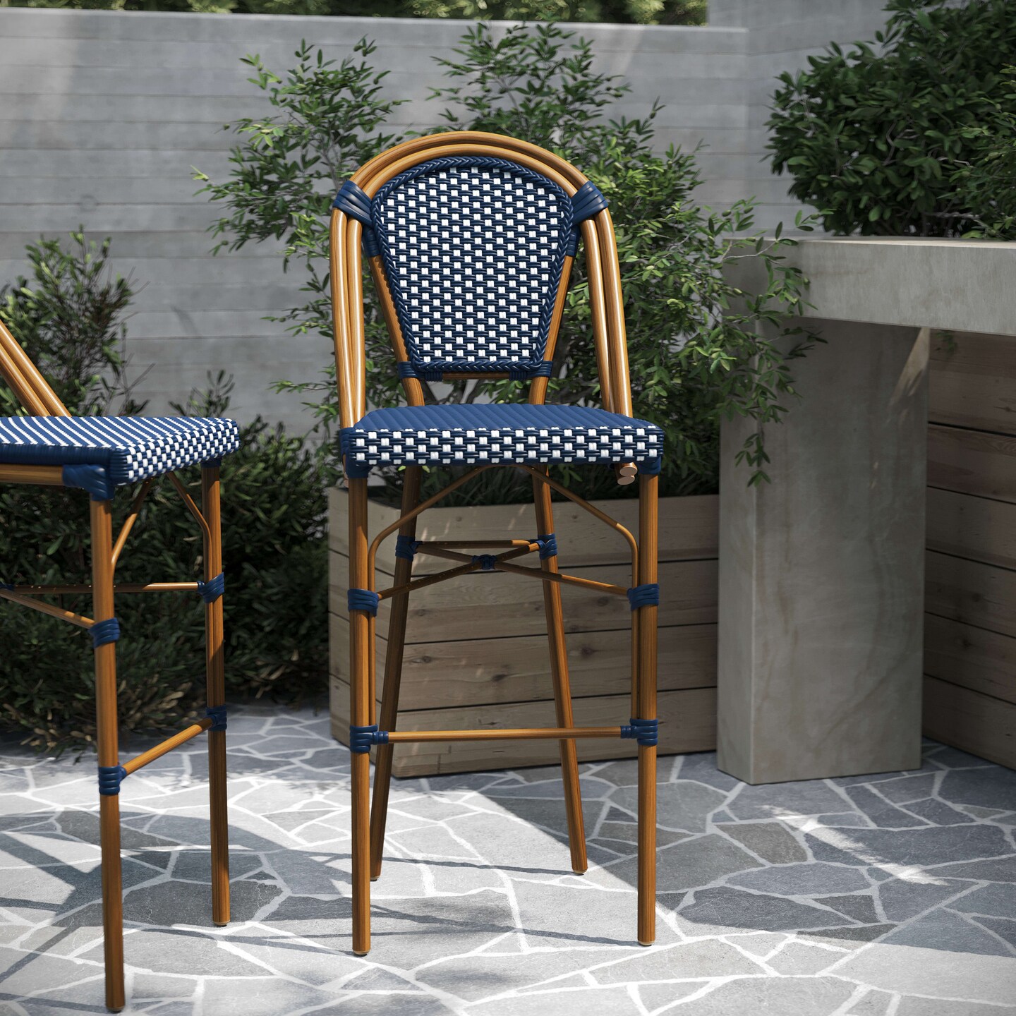 Merrick Lane Sacha Set of Two Stacking Bistro Bar Stools with PE Seats and Backs and Metal Frames for Indoor/Outdoor Use