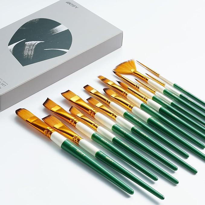 ARTIFY Paint Brushes for Acrylic Painting, 15 Pcs 2024 New Painting Supplies, Artist Paint Brush Set for Watercolor, Oil and Gouache Painting, Green