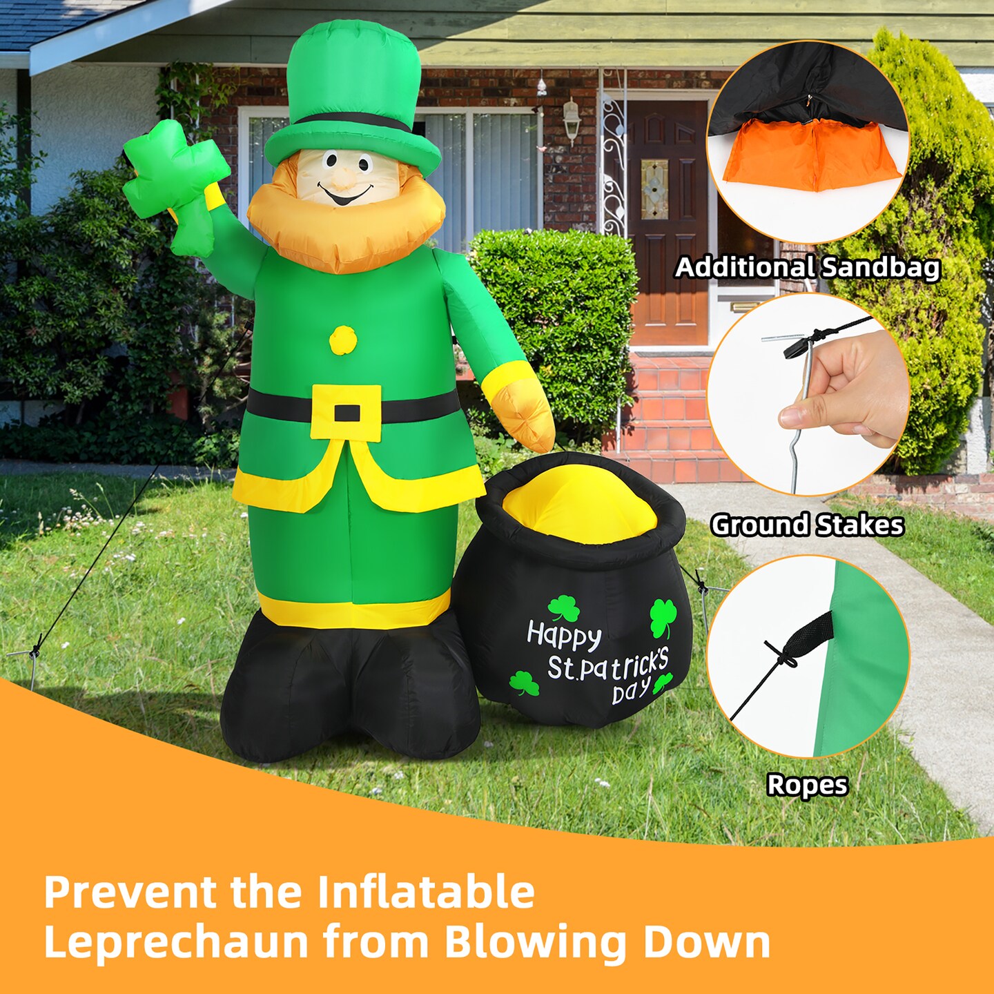 Costway 8ft St Patrick&#x27;s Day Inflatable Leprechaun Irish Day Blow up Lighted Giant Doll