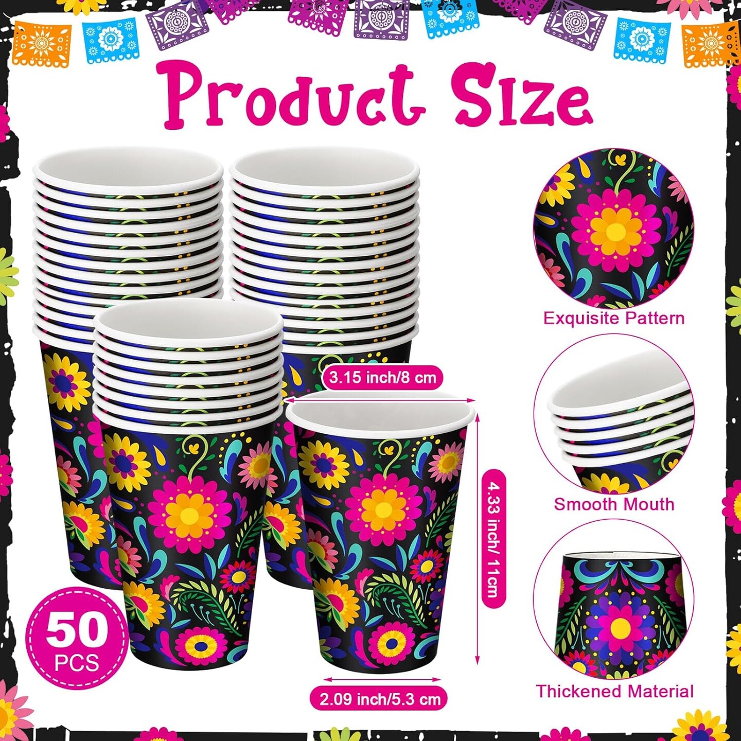 50 Pack Halloween 12 oz Day of the Dead Disposable Paper Cups Mexican Floral Fiesta Coffee Cups Hot Cold Beverage Drinking Cups Disposable Drinkware Supplies for Mexican Cinco De Mayo Birthday Party