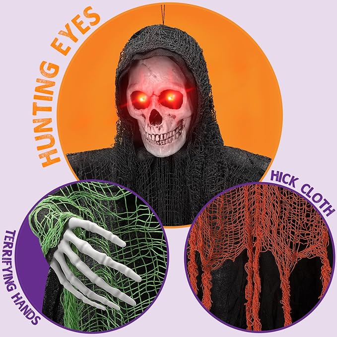 3 Pack Halloween Hanging Grim Reapers Decorations, Large Skeleton Flying Ghosts with LED Lights for Halloween Decor Outdoor Indoor, Halloween Party D&#xE9;cor for Yard Patio Haunted House Prop(59&#x22;, 35&#x22;)