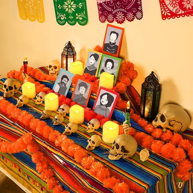 23 Pcs Day of The Dead Altar Decorations Set, Marigold Garland Mexican Banner Table Runner Paper LED Light Supplies Dia De Los Muertos Ofrendas Altar Decorations