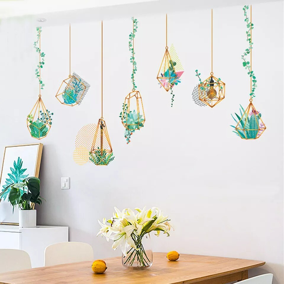 Green Wall Stickers Hanging Terrarium Plants Removable PVC Living Room Home