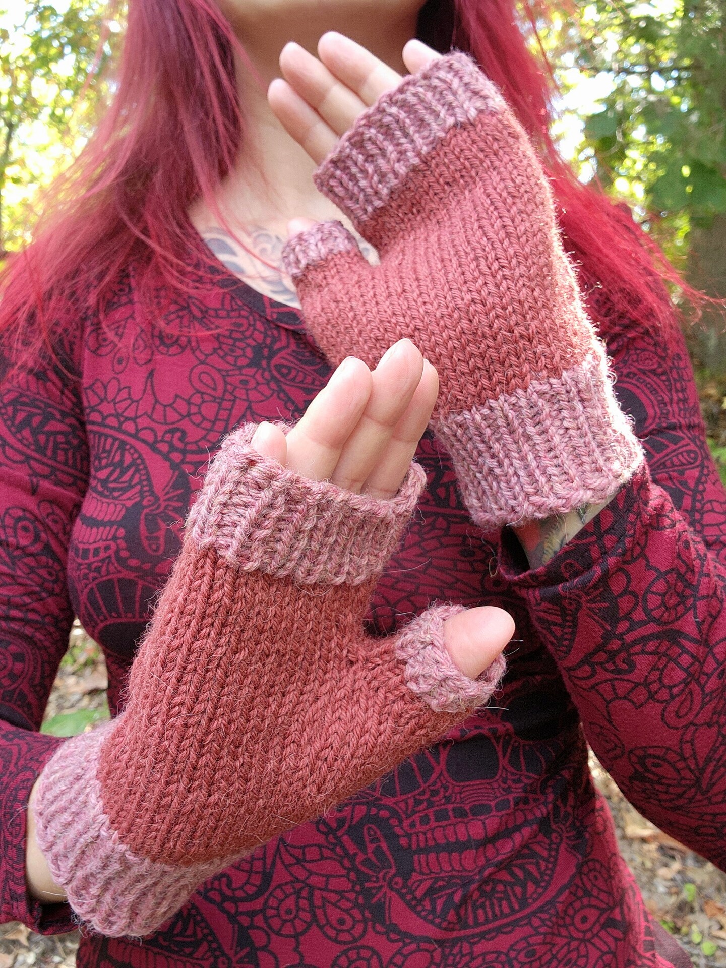 Fingerless mittens hand knitted from wool; unique mittens of a