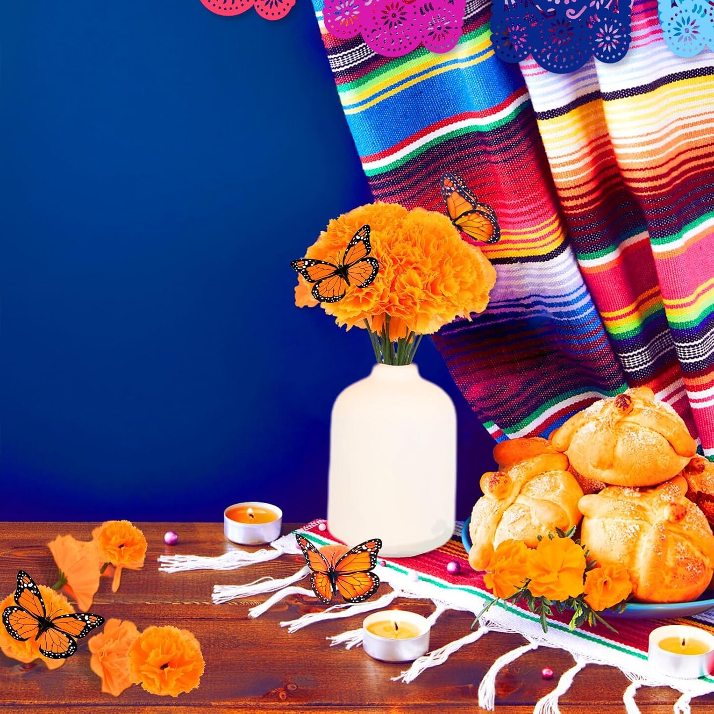 65 Pcs Day of The Dead Decorations, Dia De Los Muertos Decor 50 Artificial Flowers,1 Marigold Garland,1 Mexican Party Banner,1 Table Runner,12 Monarch Butterflies Altar Decor for Diwali Party