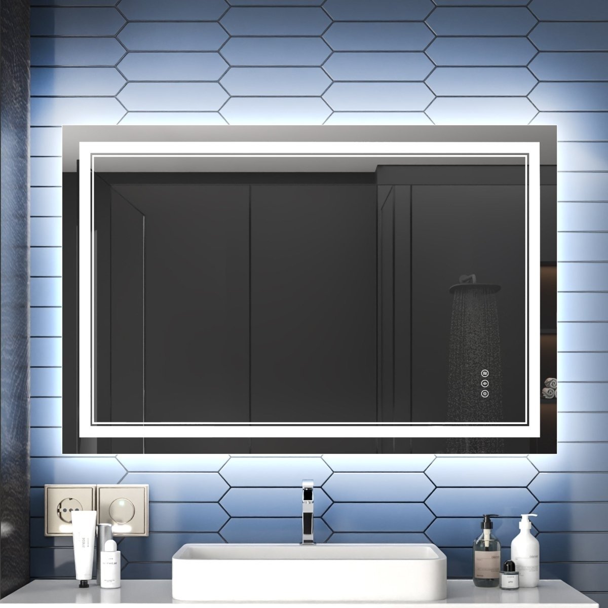 Exbrite Front And Back Lit Dimmable Led Anti Fog Bathroom Mirror Linea Series 48&#x22;W X 32&#x22;H