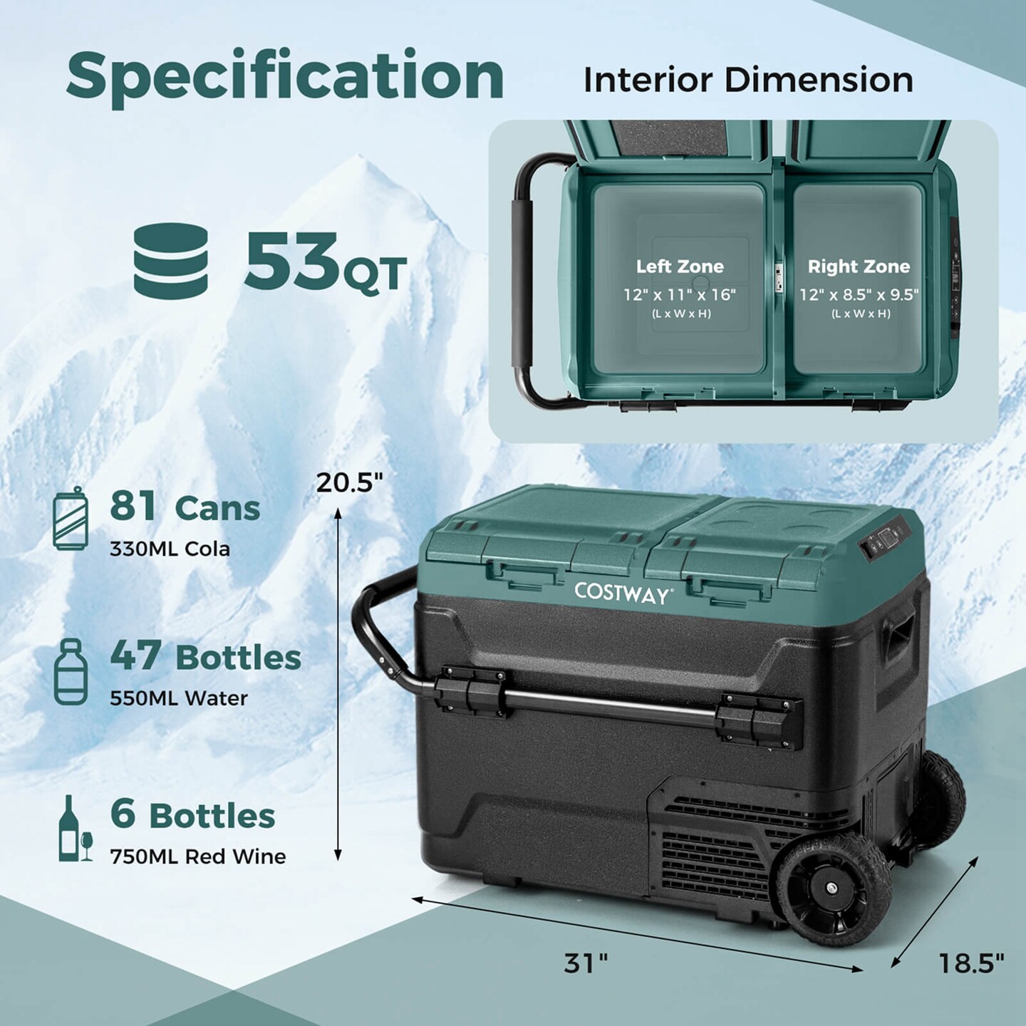 Costway Dual Zone 12V Car Refrigerator 64QT Portable Compressor Fridge Freezer (-4&#x2109;~68&#x2109;)  for RVs Black/Green