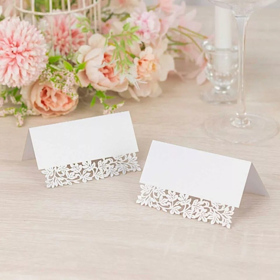 50 White Paper Table Name Place Cards Laser Cut Leaf Vine Design Party Events