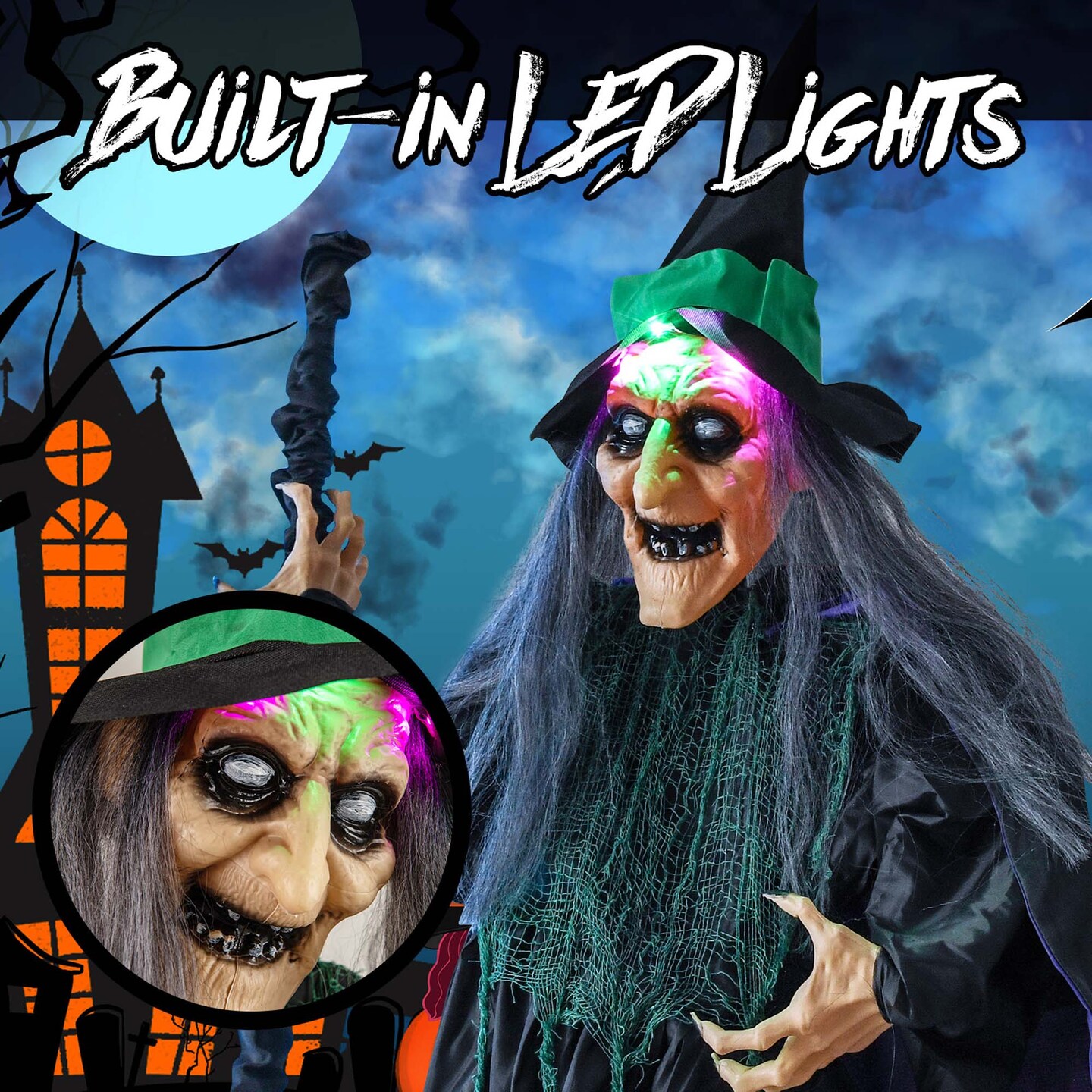 Costway Witch on Broom Halloween Animatronic Life Size Halloween Prop with LED Lights Laughing and Screaming