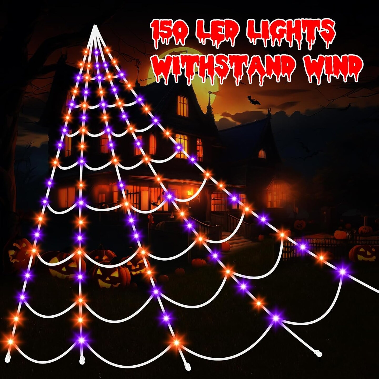 Halloween Decorations Spider Webs Lights: 150 Purple &#x26; Orange LED Halloween Lights Decor Outdoor, 17.4Ft Giant Spiderweb with 8 Lighting Modes Waterproof &#x26; Timer, Halloween Yard Decorations Outside