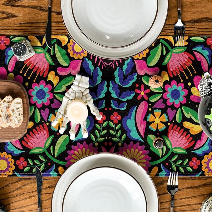 Floral Dia De Los Muertos Serape Fiesta Mexican Table Runner, Mexico Day of The Dead Kitchen Dining Table Decoration for Home Party Decor 13x108 Inch