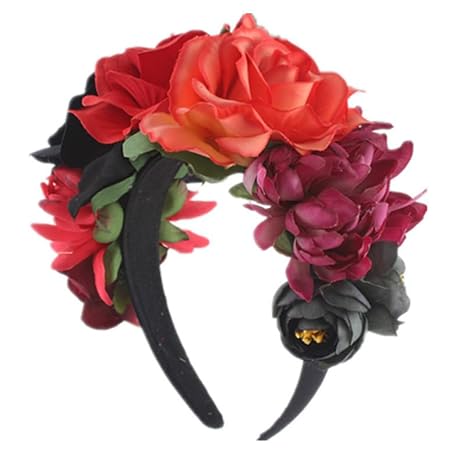 Day of the Dead Headpiece Frida Costume Mexican Floral Crown Rose Headband (Black Red Orange)