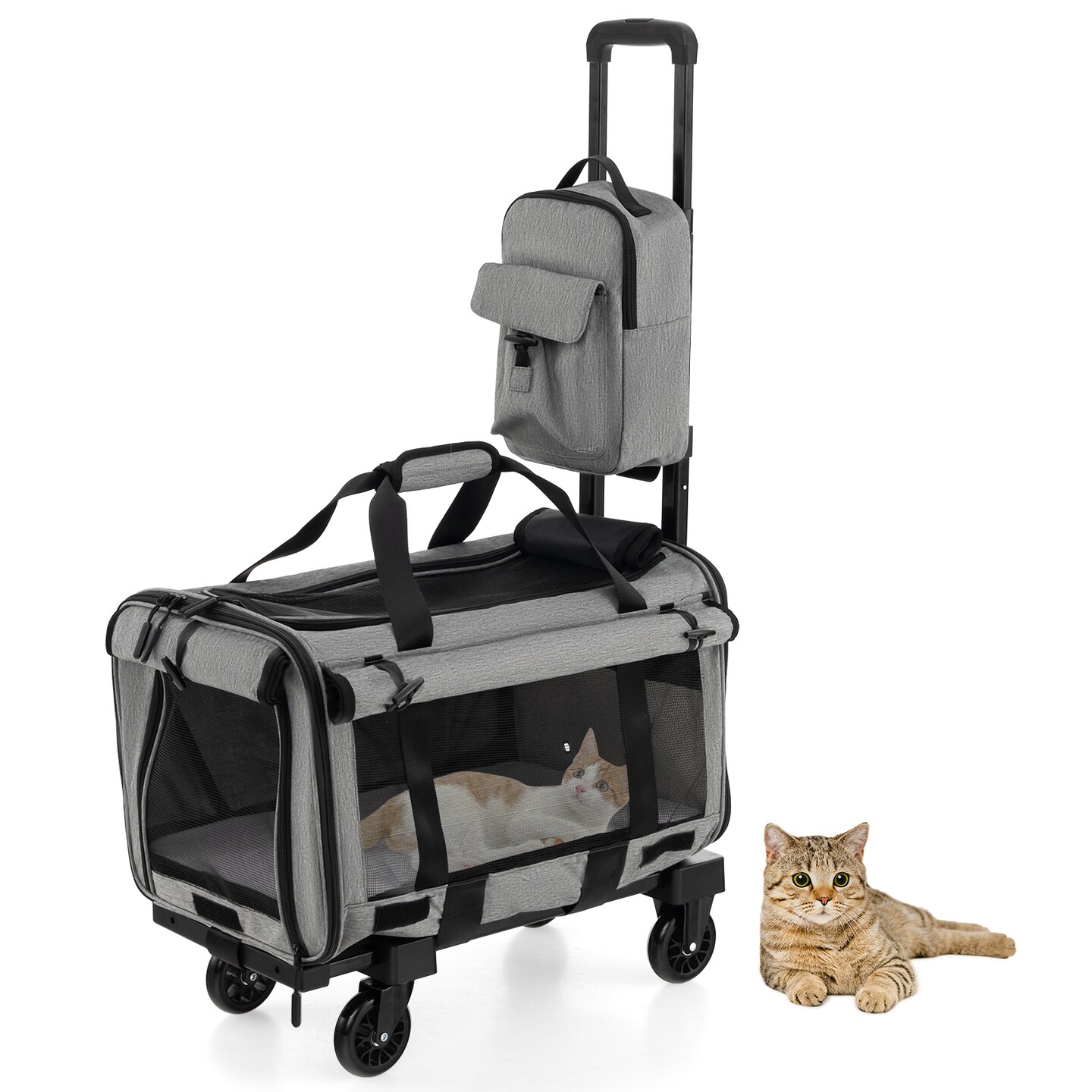 Rolling Cat Carrier with Dual-use Pads and Litter Bag-Grey