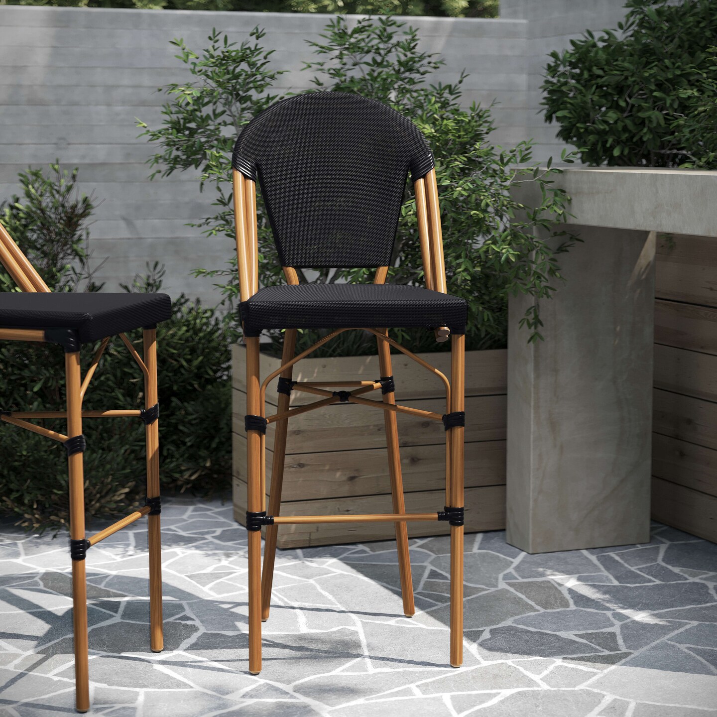 Merrick Lane Mael Set of Two Stacking Bistro Style Bar Stools with Textilene Backs and Seats and Metal Frames for Indoor/Outdoor Use