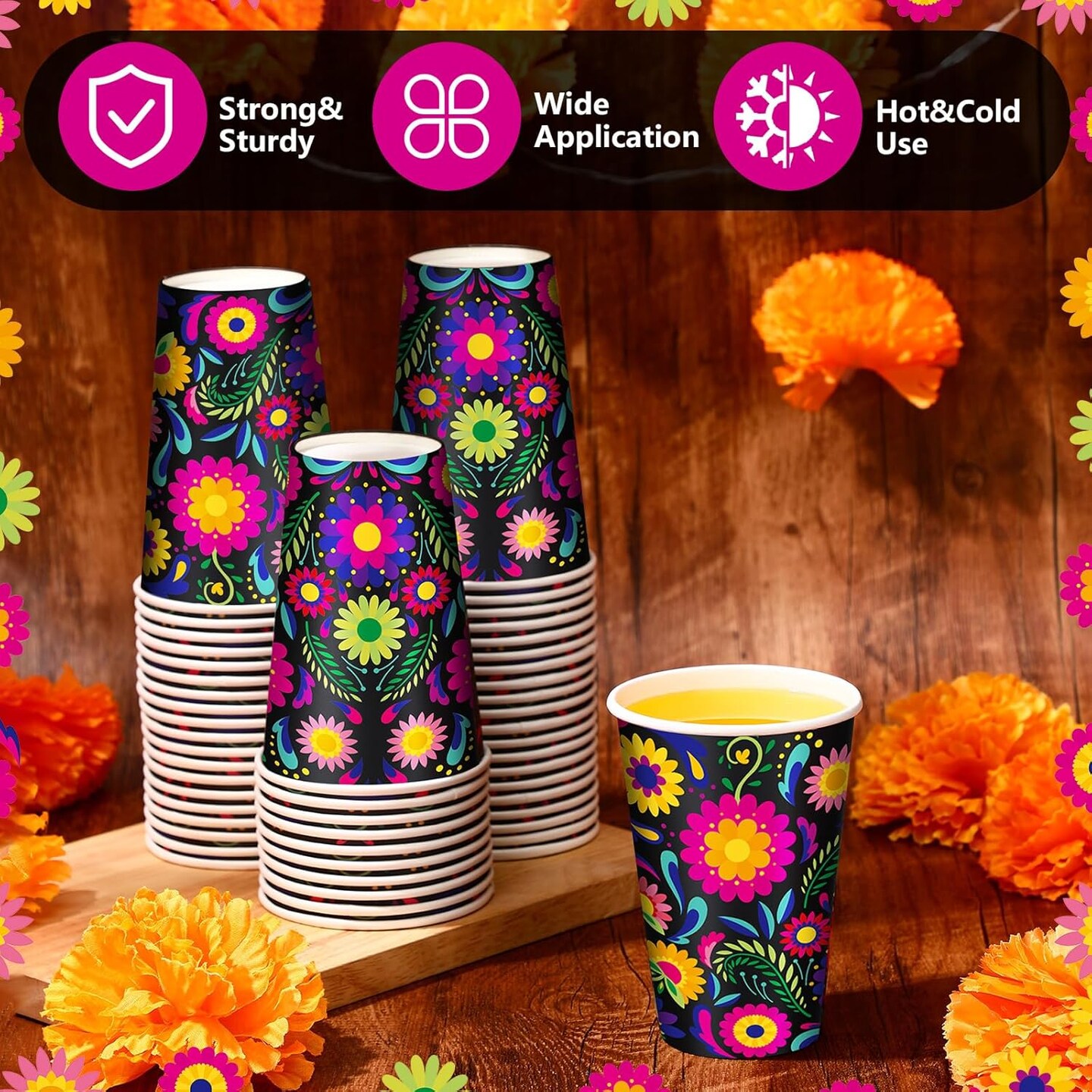 50 Pack Halloween 12 oz Day of the Dead Disposable Paper Cups Mexican Floral Fiesta Coffee Cups Hot Cold Beverage Drinking Cups Disposable Drinkware Supplies for Mexican Cinco De Mayo Birthday Party