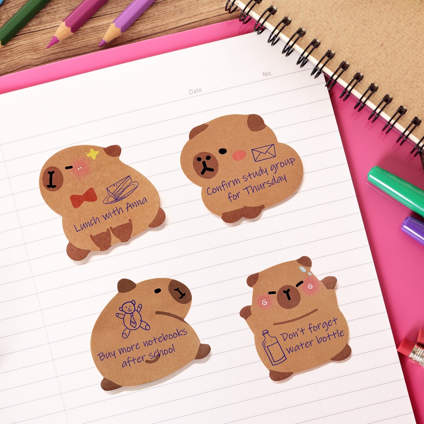Wrapables Cute Capybara Sticky Notes, Adhesive Kawaii Animal Memo Notepads, Stationery Supplies for Reminders, Messages, Bookmarks, Home and Office Use (Set of 8)