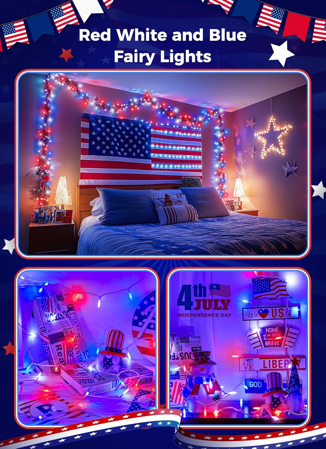 Red White Blue LED Mini Lights, 39Feet 100 LED 4th of July Decor String Lights with 8 Lighting Modes, Connectable Independence Day Lights for Wreath Indoor Outdoor Memorial Day Decoration, White Wire