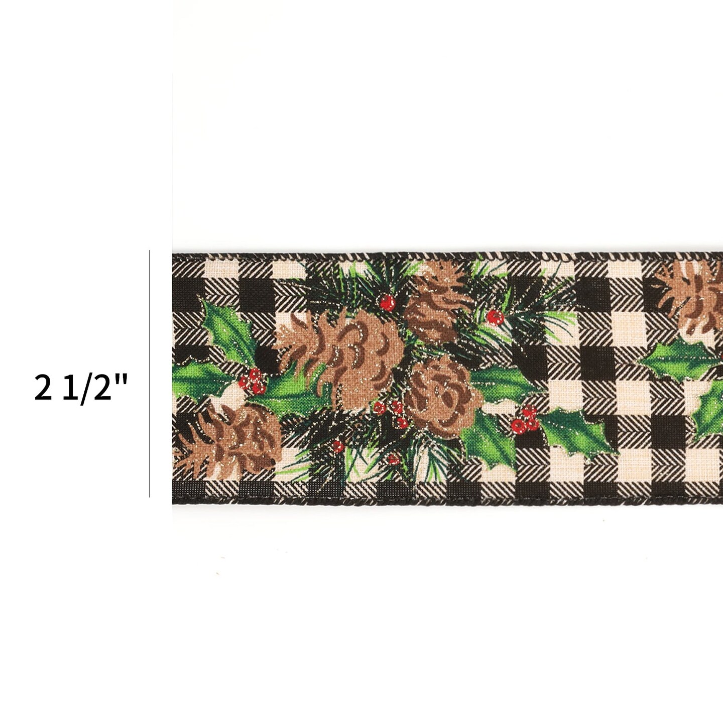 LaRibbons 2-1/2&#x22; Printed Wired Ribbon | White/Black Check w/ Pinecone | 10 Yard Roll