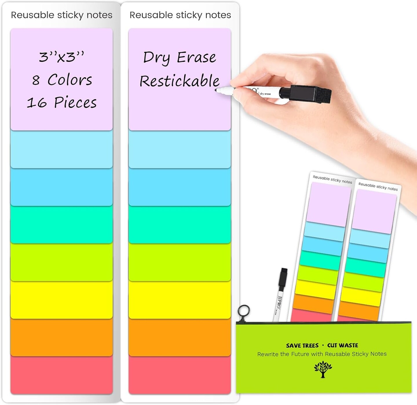 Dry Erase Sticky Notes - Reusable Whiteboard Stickers 8 Colors 3&#x22;x3&#x22;-16 Pack. Suitable for All Smooth Surface.Great for Labels, Lists, Reminders and Decals-Washable,Removable