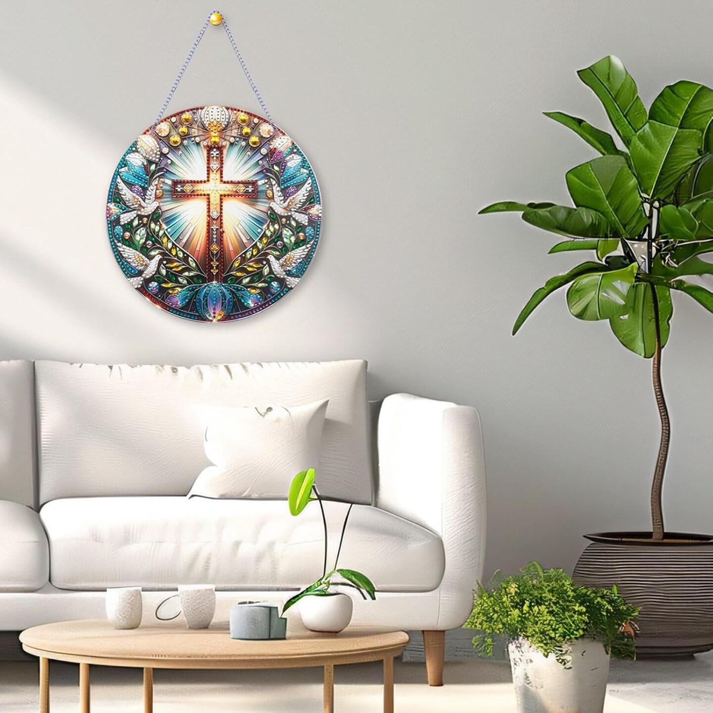 Christian Cross Dove Diamond Art Acrylic Hanging Kit for Adults, Religious DIY Special Shaped Diamond Painting kits Window Pendant Ornament(Peace Dove and Cross)