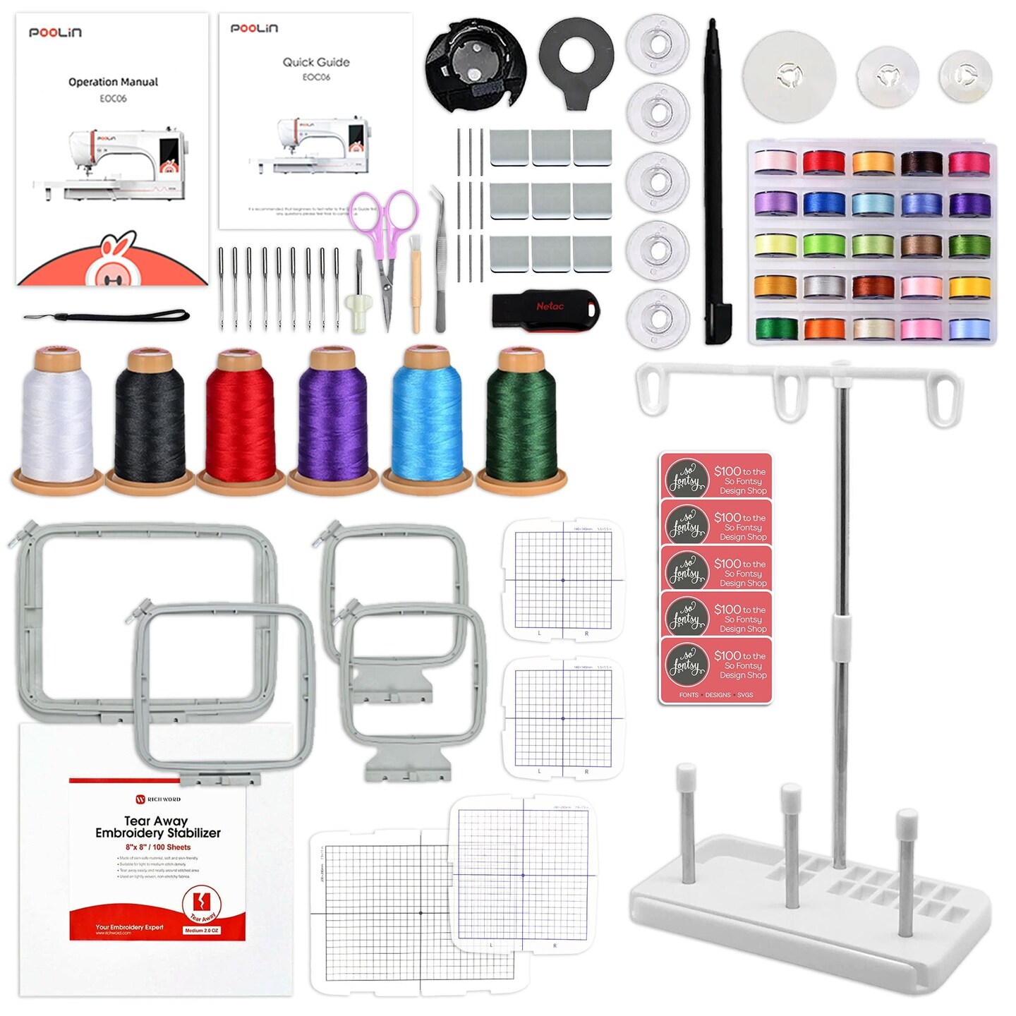 POOLIN EOC06 7.9in x 11in Embroidery Machine with 80 Embroidery Spools Bundle