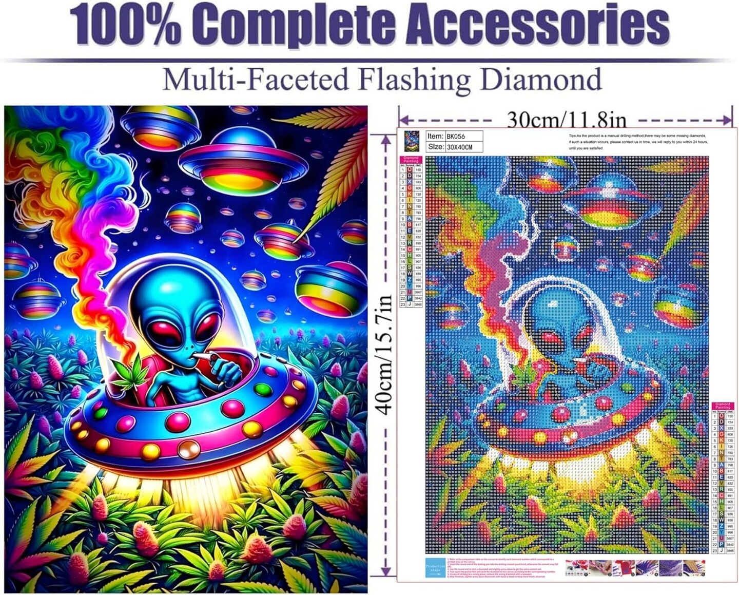 Hippie Hippy Alien Spaceship 5D Diamond Painting Kit, Round Full Drill DIY Diamond Art for Adults, Beginners, Home Decor, 12x16 Inch
