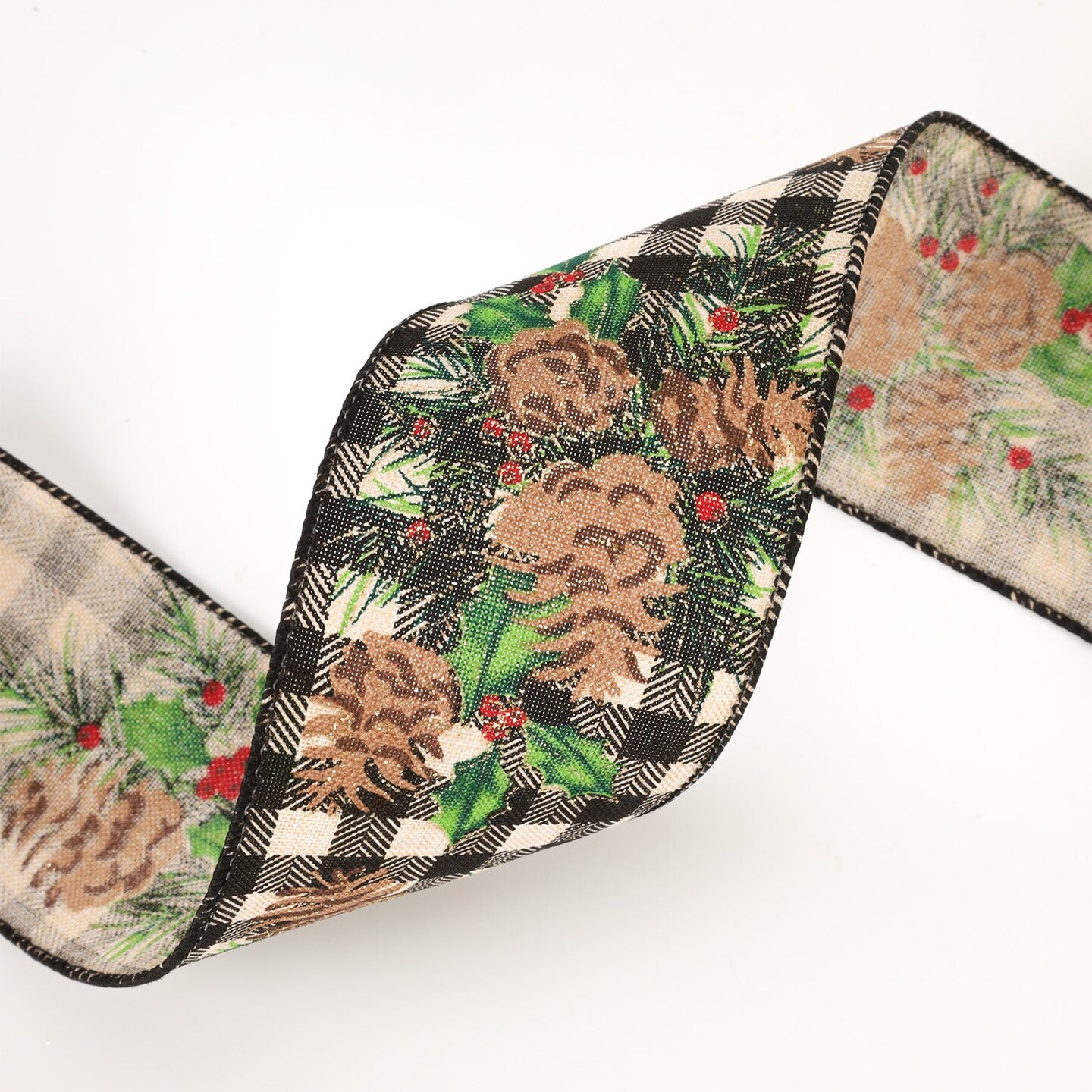 LaRibbons 2-1/2&#x22; Printed Wired Ribbon | White/Black Check w/ Pinecone | 10 Yard Roll