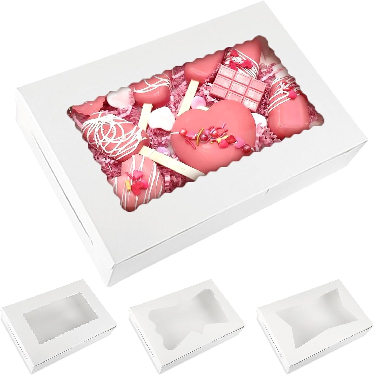 48pcs Bakery Boxes,12x8x2.5 Inches Cookie Boxes with 3 Style Window for Chocolate Covered Strawberries, Mother&#x27;s Day, Desserts, Cookies, with 4pcs Stickers
