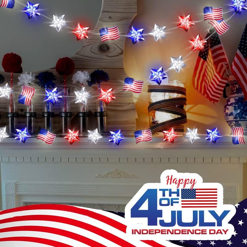 [ 8 Modes &#x26; Timer ] 2 Pack Red White and Blue Lights, 26 FT 80 LEDs 4th of July Star &#x26; Flags Lights Remote Battery Operated for Patriotic Memorial Day Independence Fourth of July Decorations
