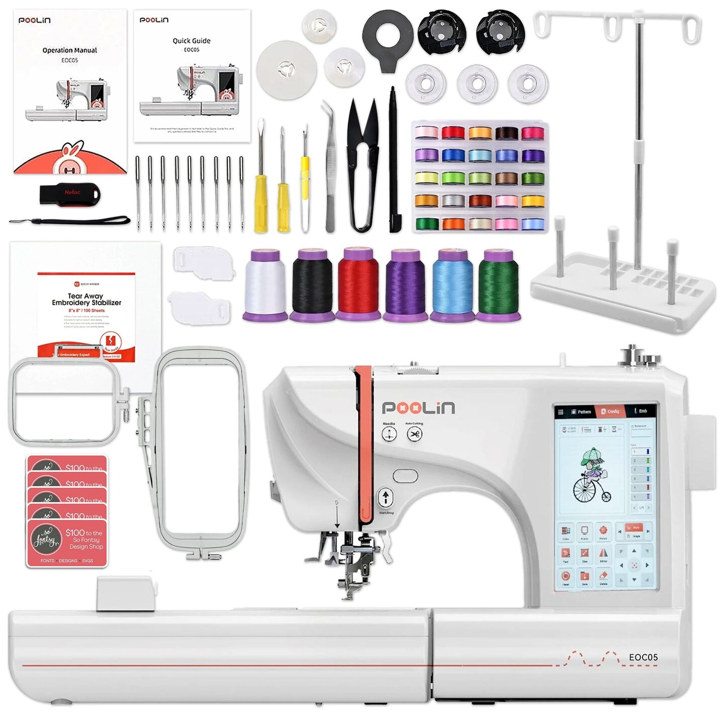 POOLIN EOC05 4in x 9.2in Embroidery Machine with Thread &#x26; Digitizing Bundle