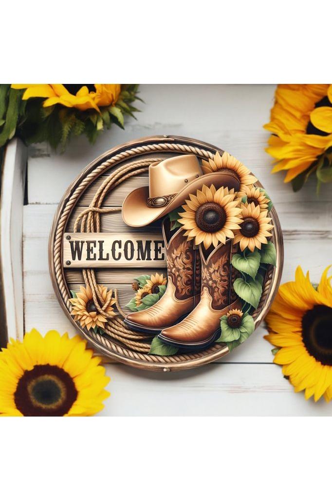 Welcome Cowboy Boots Sunflower Round Sign
