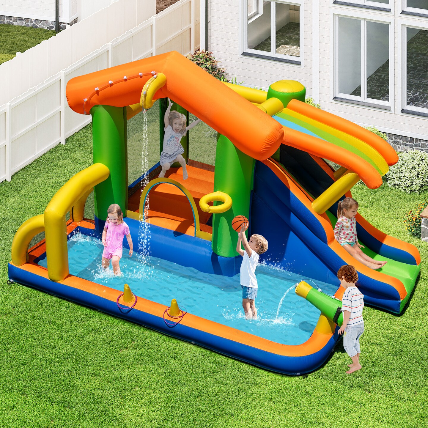 Multicolor 8-in-1 Inflatable Water Park for Kids with Slide Jumping Area Climbing Wall Basketball Football Ring Toss Splash Pool Ages 3 to 12