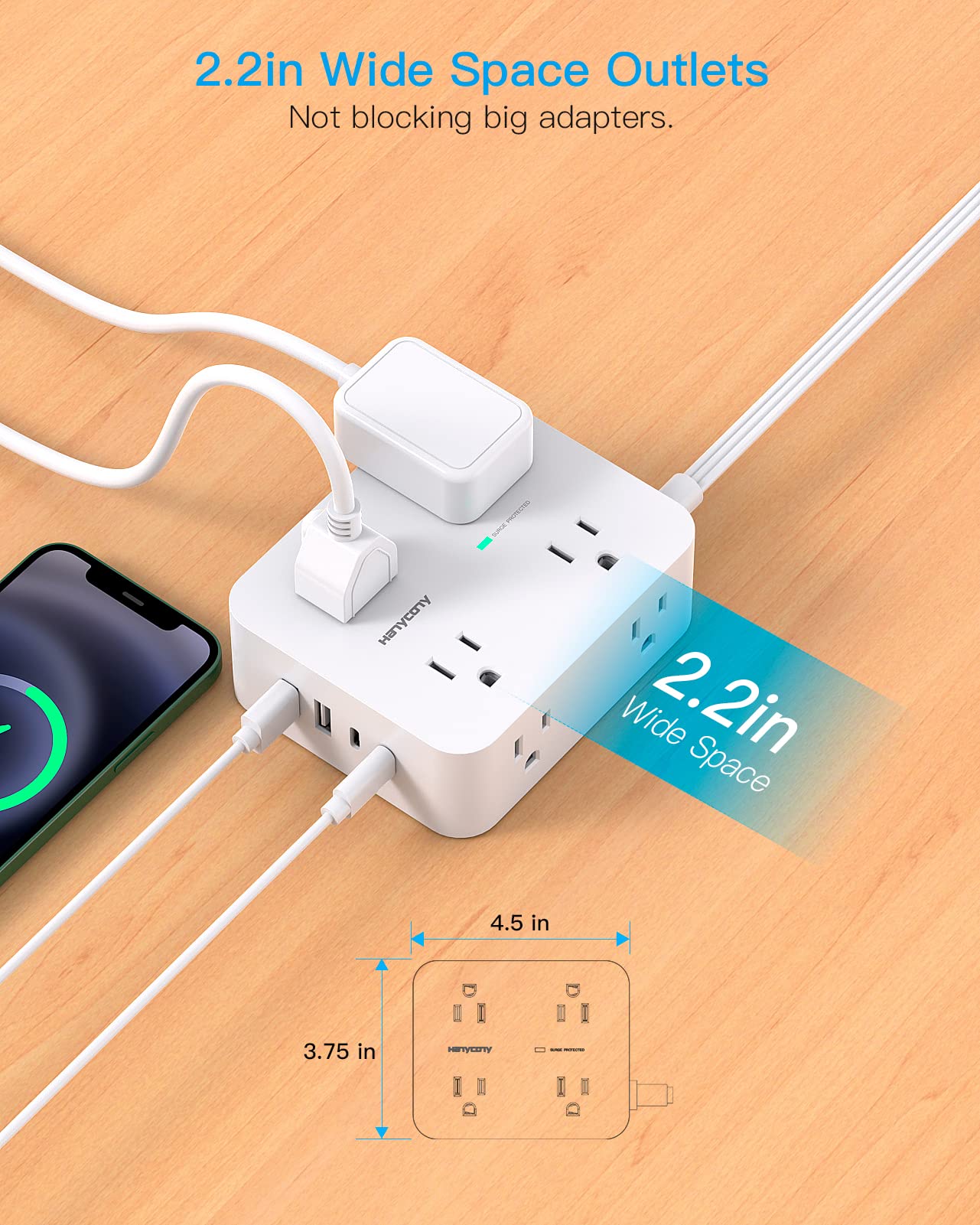 Extension Cord 15 Ft, Power Strip with 4 USB Ports(2 USB C), HANYCONY 8 Surge Protector Outlets with Flat Plug, Wall Mount, Desk for Home Office College Dorm Room Essentials