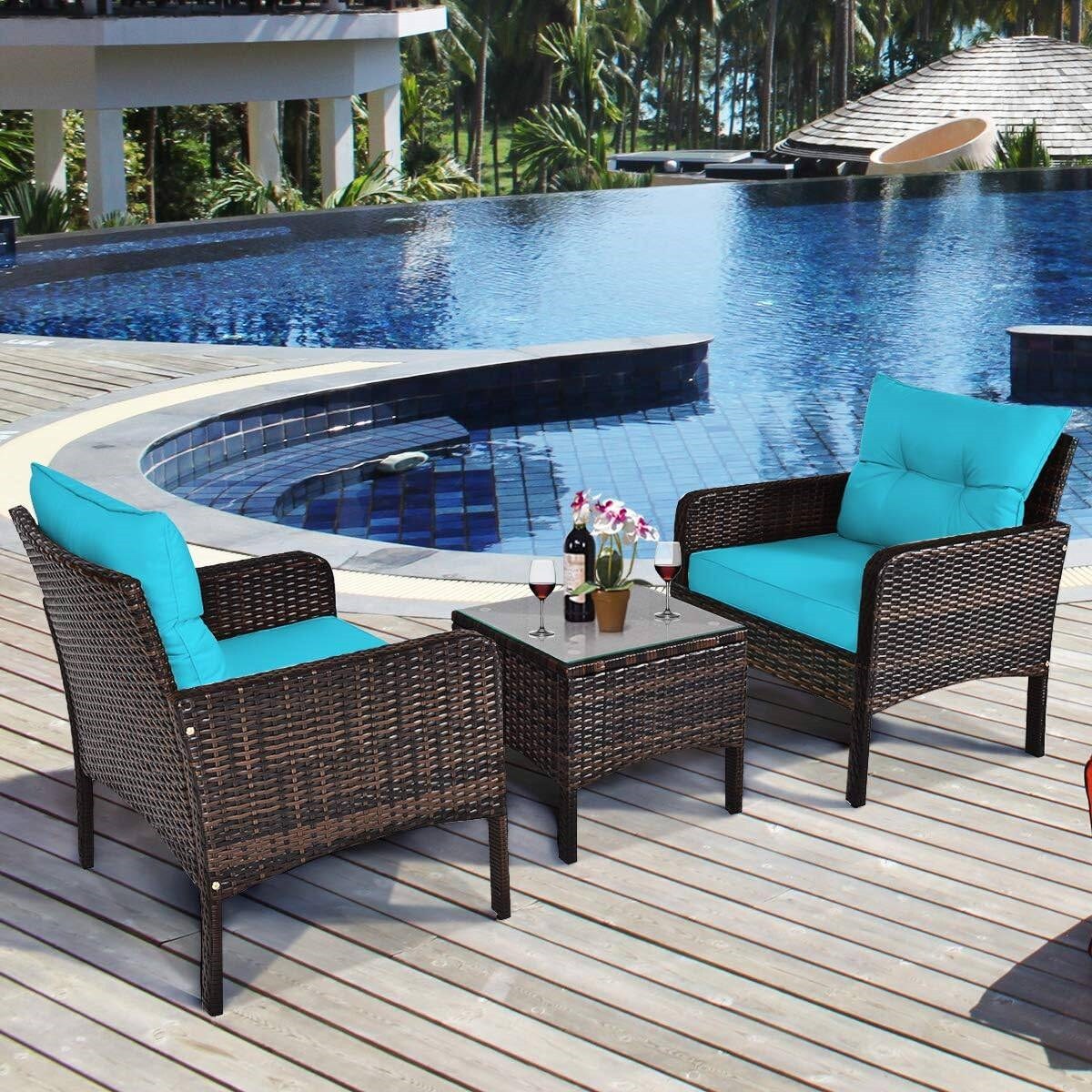 3-Piece Brown PE Rattan Patio Furniture Set with Turquoise Cushions