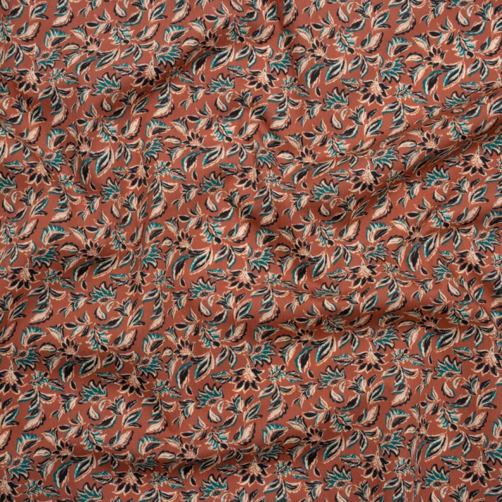 1 Yard Burnt Orange and Teal Leaves Cotton Poplin Fabric