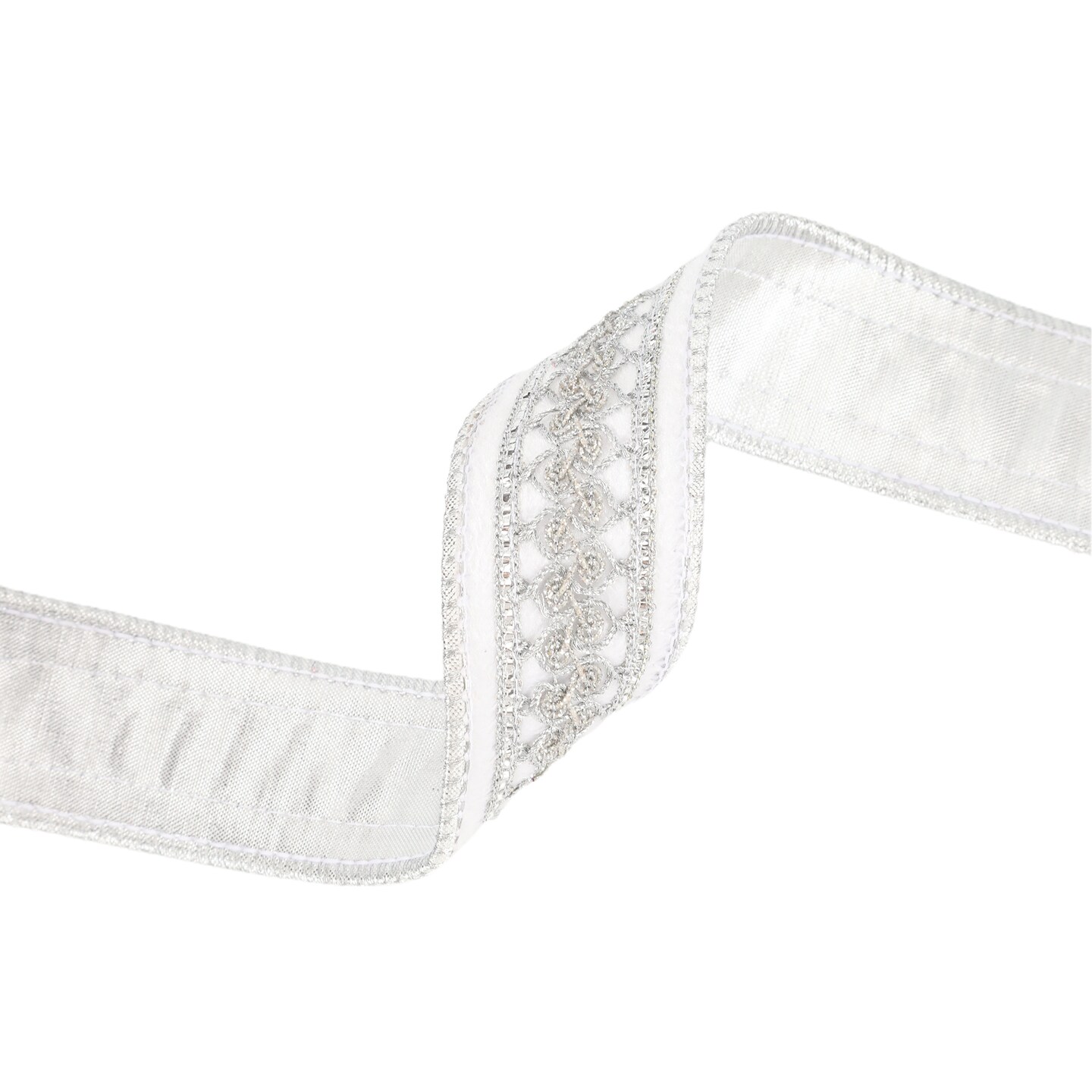 LaRibbons 1 1/2" Double-Fused Wired Velvet Ribbon w/ Metallic Trim | White/Silver | 10 Yard Roll