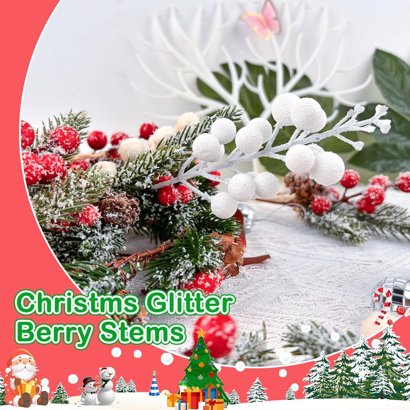 Christmas Glitter Berries Stems (&#x9;White)