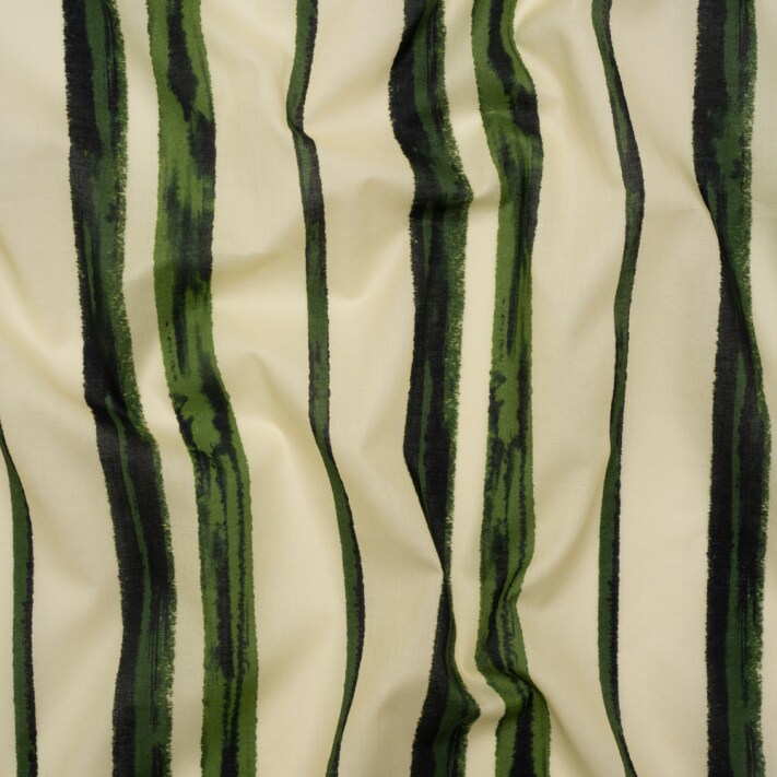 1 Yard Cotton Voile Cream and Green Painted Stripes Verdant Trail Print Fabric