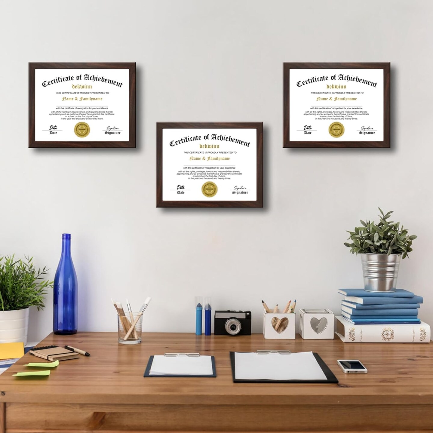 8.5x11 Diploma Frame Certificate Document Frame Set of 3 with High Definition Glass,Picture Frame for Wall and Tabletop Display in Walnut