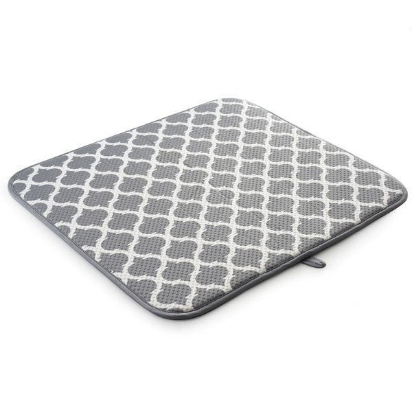 Norpro 16&#x22; x 18&#x22; Washable Microfiber Dish Drainer Glass Drying Mat Pad - Grey Trellis Pattern