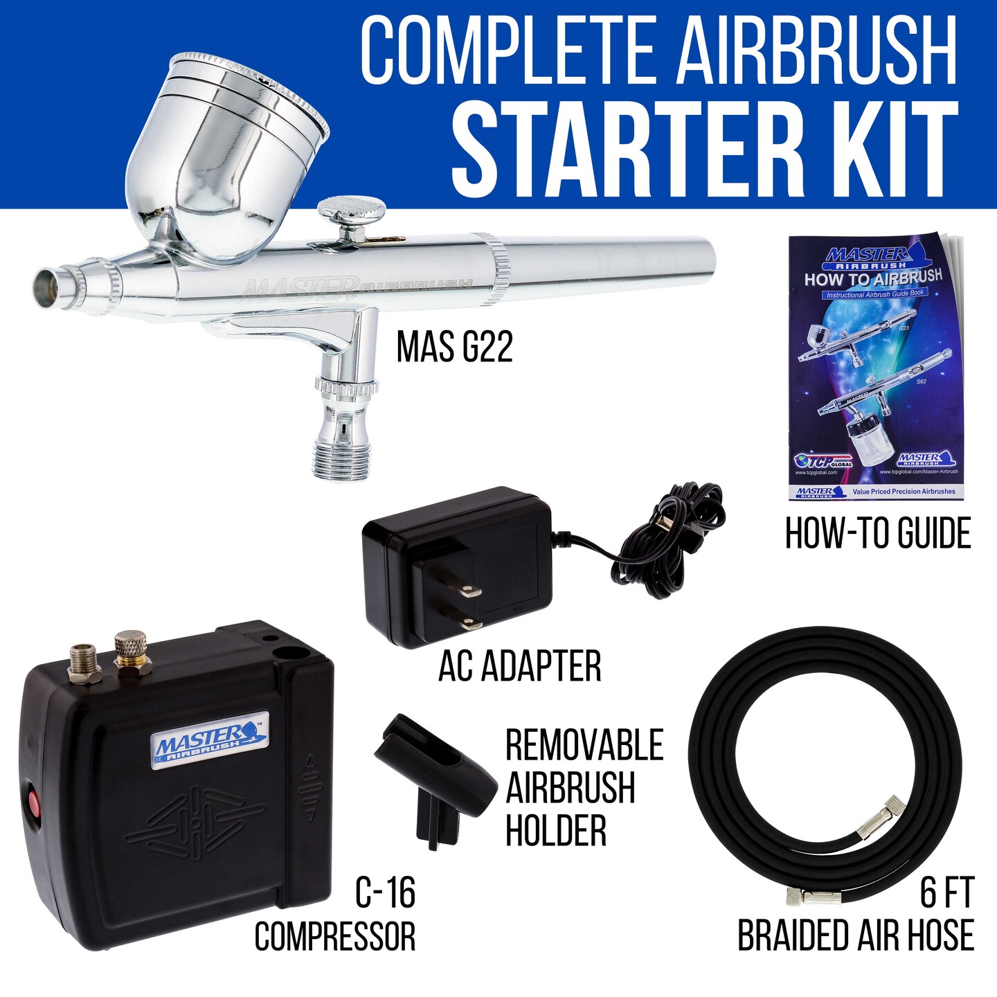 Master Performance G22 Airbrush Kit with Master Black Mini Portable Compressor C16-B &#x26; Air Hose