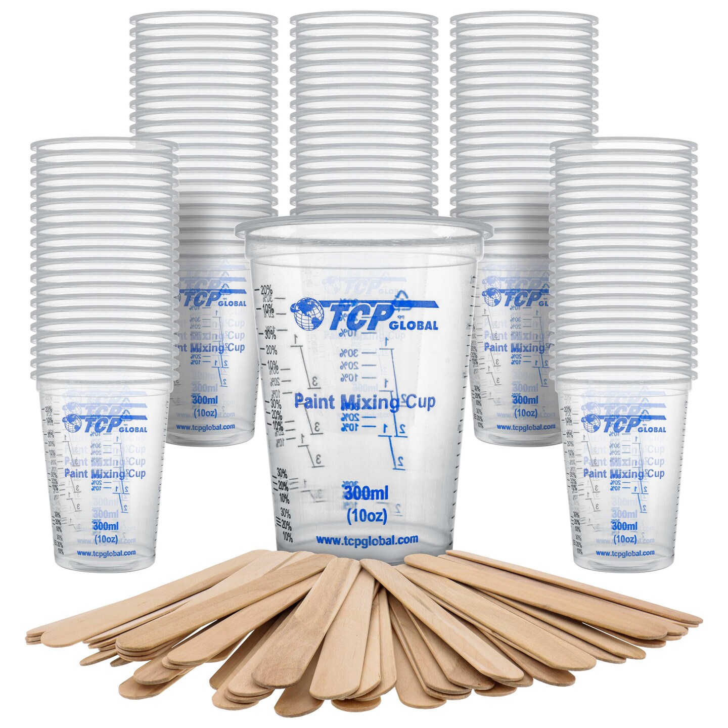 TCP Global 10 Ounce (300ml) Disposable Flexible Clear Graduated Plastic Mixing Cups - Box of 100 Cups &#x26; 50 Mixing Sticks - Use for Paint, Resin, Epoxy