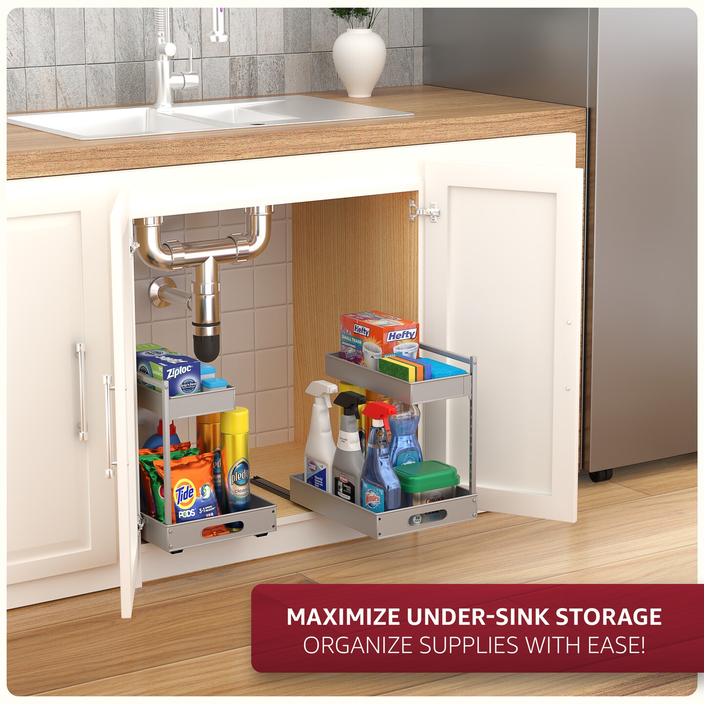 Sorbus Under Sink Organizer with Sliding Tracks and Adhesive Tape - 2-Tier Pull-Out Storage Rack for Kitchen and Bathroom - No Drill Under Sink Organization Storage Cabinet Shelf