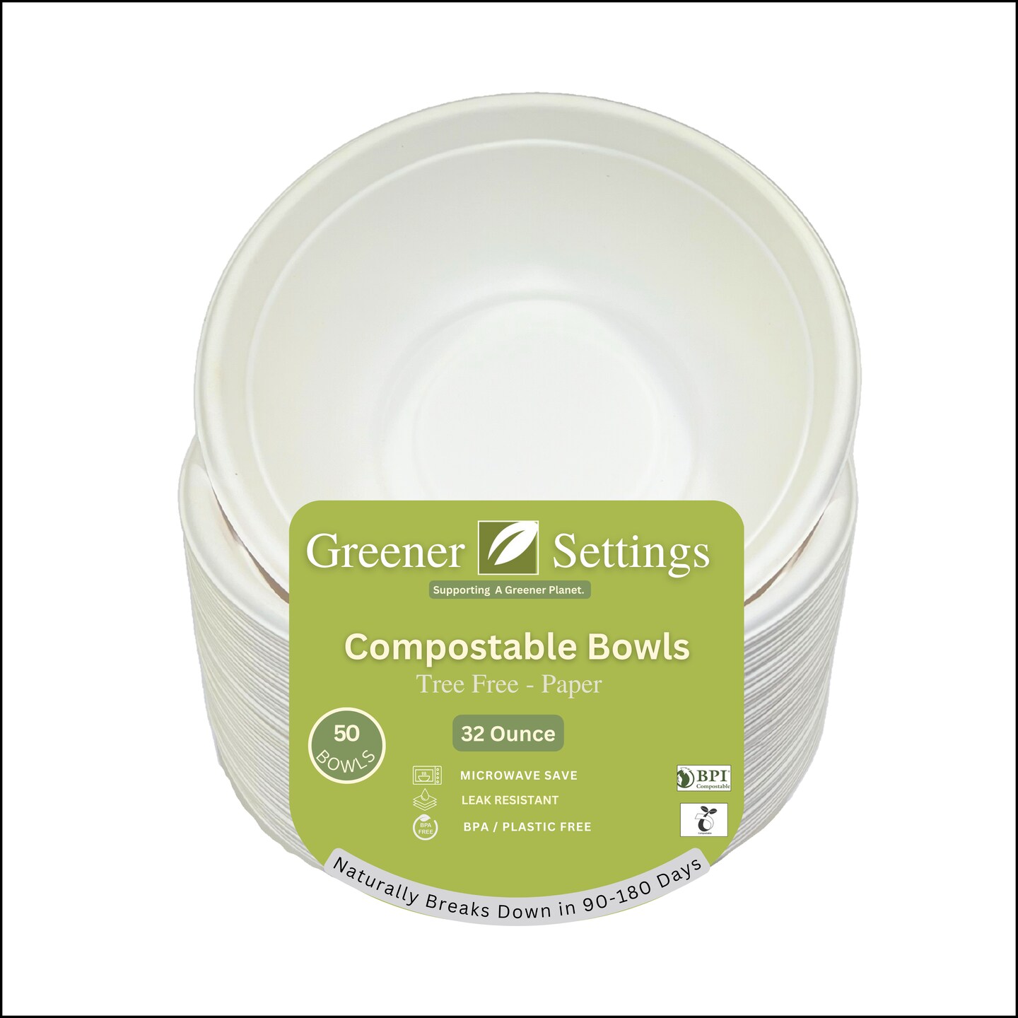Greener Settings 32 oz Compostable Paper Bowls, 50-Pack &#x2013; Heavy-Duty Bagasse, Biodegradable, Microwavable, Freezer Safe, Leak-Resistant, Eco-Friendly for Hot and Cold Foods